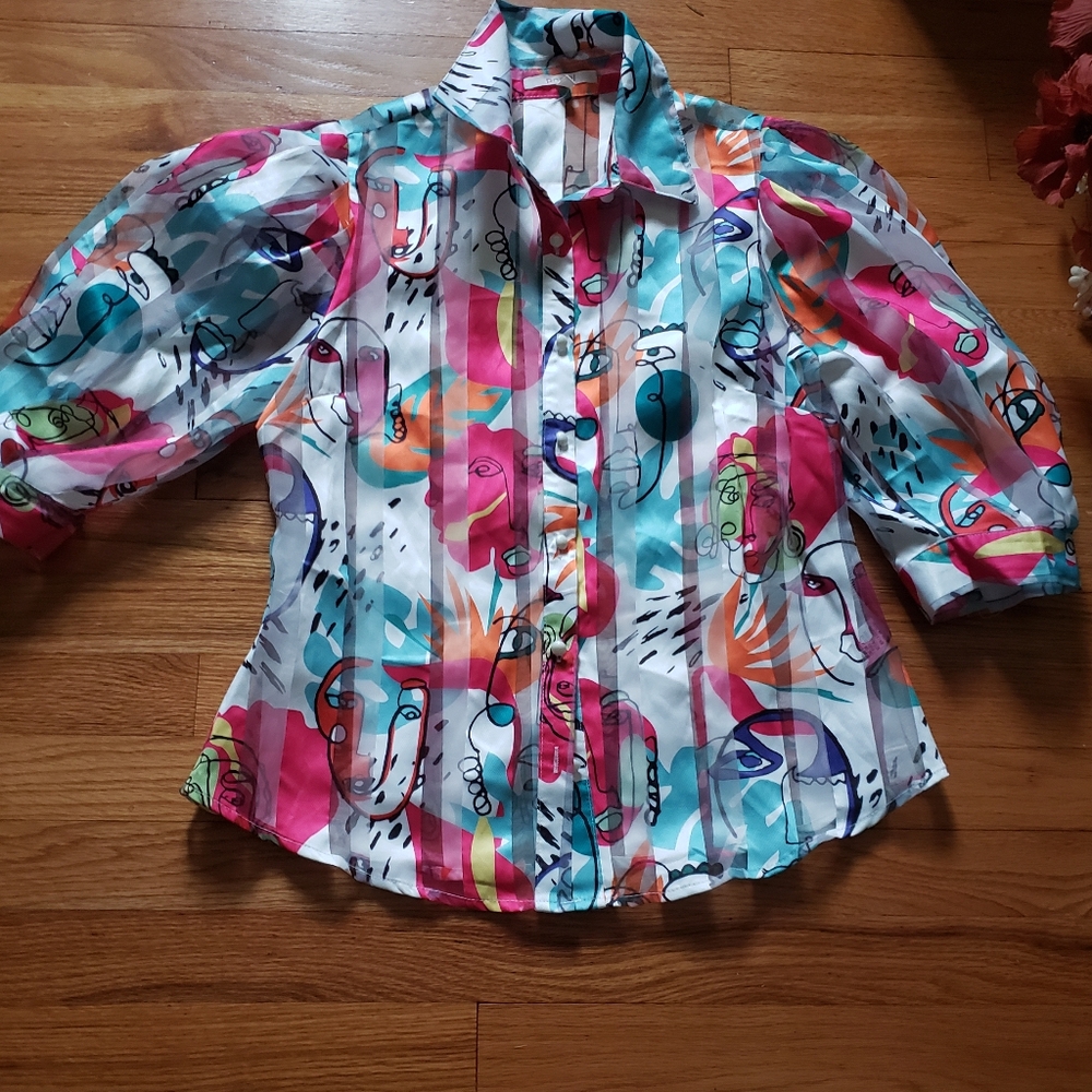 Pastel Womens small multicolor artsy 3/4 ballon sleeve sheer lines summer shirt